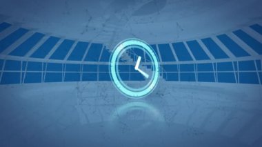 Ofis üzerinde hareket eden saatin animasyonu. zaman, iş, dijital arayüz ve teknoloji konsepti dijital olarak oluşturulmuş video.