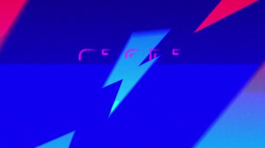 Başlangıç metninin animasyonu siyah arkaplandaki renkli yıldırımın üzerinde. Video oyunu, eğlence ve dijital arayüz kavramı dijital olarak oluşturuldu.