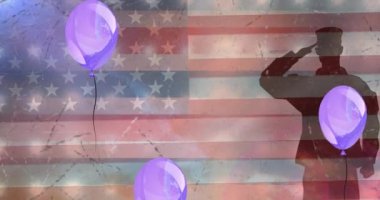 Balonların, asker siluetinin ve Amerikan bayrağının üzerindeki mutlu gaziler günü metinlerinin animasyonu. Vatanseverlik ve kutlama konsepti dijital olarak oluşturulmuş imaj.