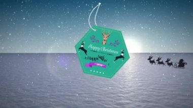 Kış manzarası boyunca kızakta Noel Baba 'nın Noel Baba' yı selamlamasıyla birlikte hediye etiketinin animasyonu. Noel, gelenek ve kutlama konsepti dijital olarak oluşturuldu.