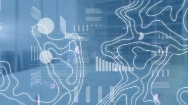 Mavi zemin üzerinde çeşitli veri işleme ve izohipnoz animasyonları. iş, dijital arayüz ve teknoloji konsepti dijital olarak oluşturulmuş video.