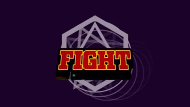 Karanlık arka planda hareket eden geometrik şekiller üzerine dövüş metninin animasyonu. Video oyunu, eğlence ve dijital arayüz kavramı dijital olarak oluşturuldu.