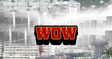 Şehrin arka planında wow metninin canlandırması. Video oyunu, dijital arayüz ve dijital olarak oluşturulmuş iletişim konsepti.