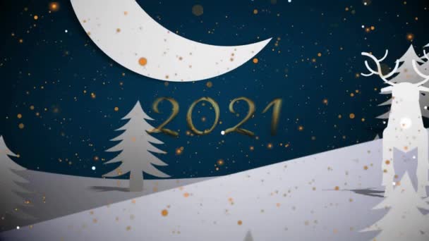 青い背景の冬の風景の上に降る雪に対して浮動2021テキストと黄色のスポット クリスマス フェスティバルと新年の前夜祭のコンセプト — ストック動画
