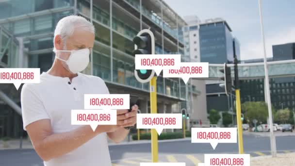 Animation Changing Numbers Senior Man Wearing Face Mask Global Covid — Stock Video