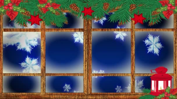 Rote Weihnachtslampe Und Hölzerner Fensterrahmen Über Schwebenden Schneeflocken Vor Blauem — Stockvideo