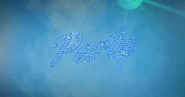 Animation Des Parteitextes Über Lichterketten Auf Blauem Hintergrund Party Musik — Stockvideo