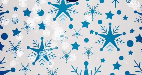 Animação Neve Caindo Sobre Bugigangas Natal Estrelas Fundo Branco Natal — Vídeo de Stock