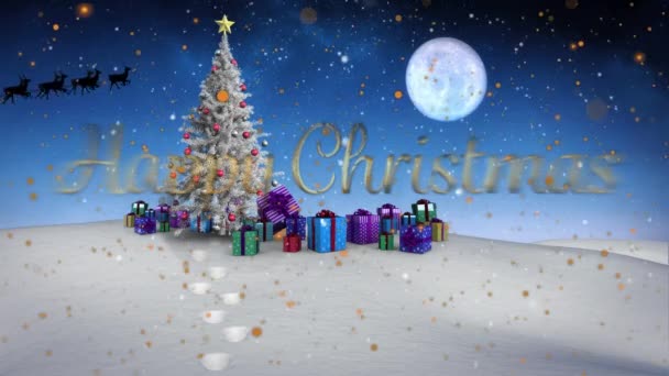 Happy Christmas Text Yellow Spots Floating Christmas Tree Gifts Winter — Stock Video