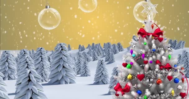 雪の秋と冬の風景の上に装飾とクリスマスツリーのアニメーション クリスマス お祝いのコンセプトをデジタルで — ストック動画