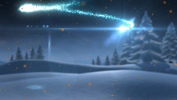 节日的问候文字覆盖了黄斑 流星在冬季的风景中旋转 圣诞节的庆祝和庆祝概念 — 图库视频影像