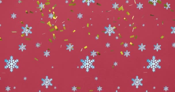 赤い背景に雪の結晶とコンフェッティの落下のアニメーション クリスマス 伝統とお祝いのコンセプトデジタルで生成されたビデオ — ストック動画