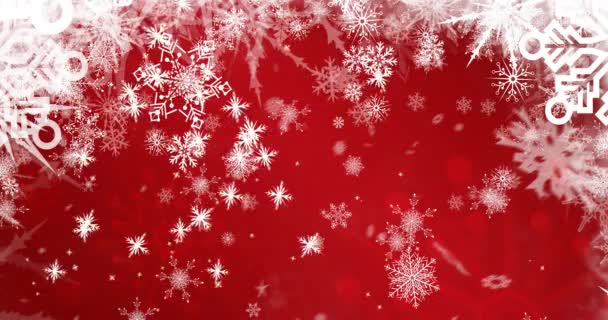 クリスマスに雪の上に降る雪のアニメーション 赤の背景に クリスマス お祝いのコンセプトをデジタルで — ストック動画