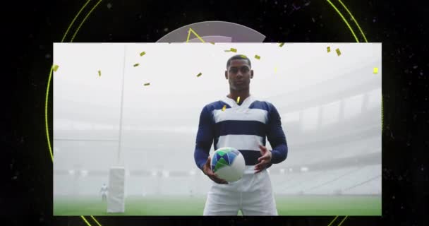 Animation Confettis Sur Joueur Afro Américain Rugby Tenant Ballon Dans — Video