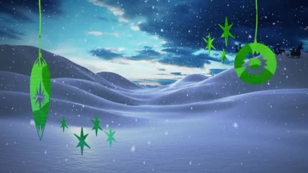 2021年的动画 在雪橇上的圣塔爪上 用灌木与驯鹿一起在冬季风景中动画 圣诞节 传统和庆祝概念数字制作的视频 — 图库视频影像