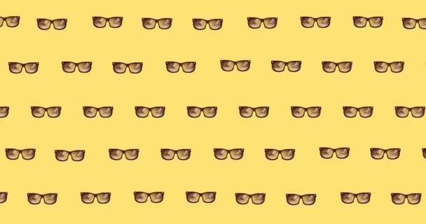 Animation Multiple Sunglasses Yellow Background Party Music Entertainment Concept Digitally — Stock Video