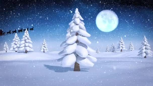 Сніг Падає Над Санта Клаусом Санчатах Тягнеться Оленями Над Деревами — стокове відео