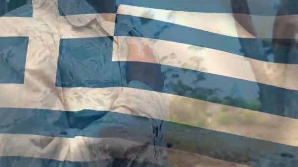 Animace Řecké Vlajky Nad Africkým Americkým Vojákem Armáda Civilní Obrana — Stock video