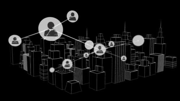 Animáció hálózat kapcsolatok ikonok felett 3D-s építészeti rajz város a háttérben. globális hálózatok, fejlesztés és kapcsolatok koncepciója digitálisan generált videó.