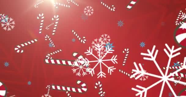 Animazione Caduta Fiocchi Neve Mais Caramelle Sfondo Rosso Natale Tradizione — Video Stock