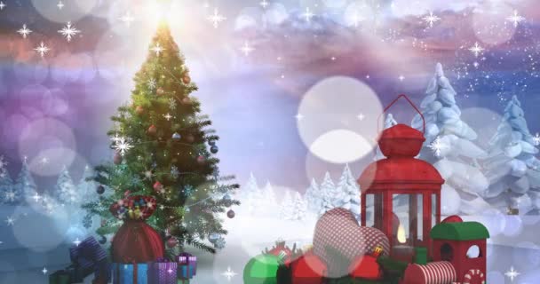 Animering Fallande Snöflingor Över Granar Och Dekorationer Jul Tradition Och — Stockvideo