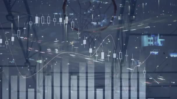 Анімація Обробки Фінансових Даних Над Міським Пейзажем Вночі Чоловічий Баскетболіст — стокове відео