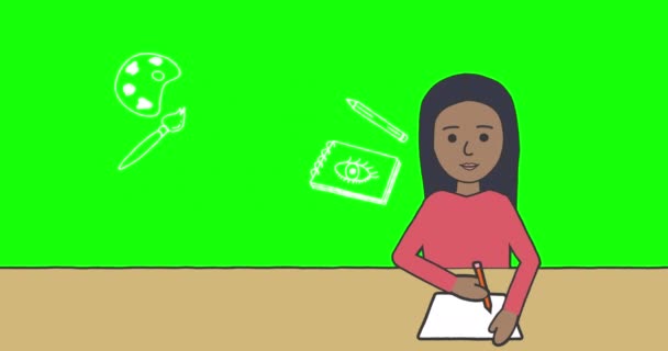 Animación Colegiala Tomando Notas Sobre Íconos Artículos Escolares Sobre Fondo — Vídeos de Stock