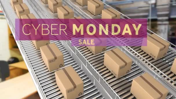 Animation Des Cyber Monday Verkaufstextes Über Pappkartons Auf Förderbändern Globales — Stockvideo