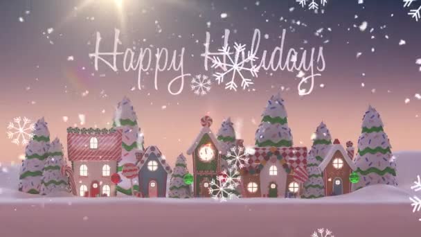 Felices Fiestas Texto Copos Nieve Cayendo Contra Múltiples Casas Árboles — Vídeos de Stock