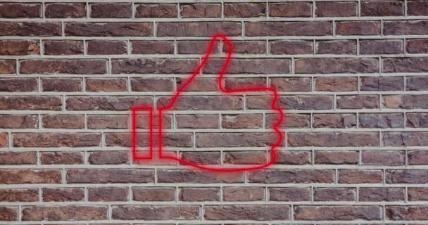 Animacja Migoczących Neonowych Kciuków Górę Ikony Ceglanej Ścianie Media Społecznościowe — Wideo stockowe