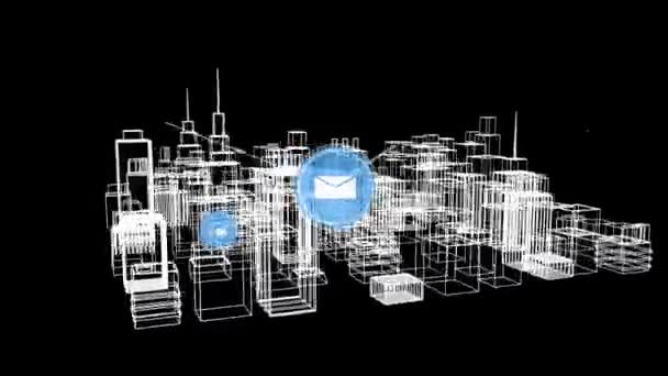Animation Network Connections Icons Architectural Drawing City Background Global Networks — Stock Video