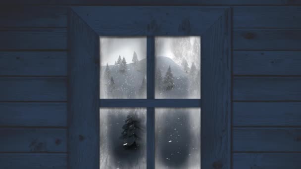 Animatie Van Sneeuwval Kerst Winterlandschap Gezien Door Het Raam Kerstmis — Stockvideo