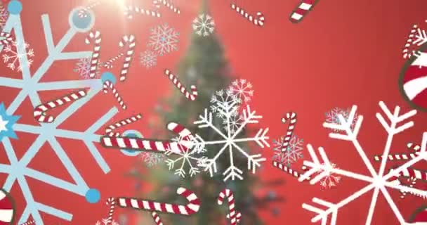 Animazione Caduta Fiocchi Neve Grani Caramelle Sopra Albero Natale Natale — Video Stock