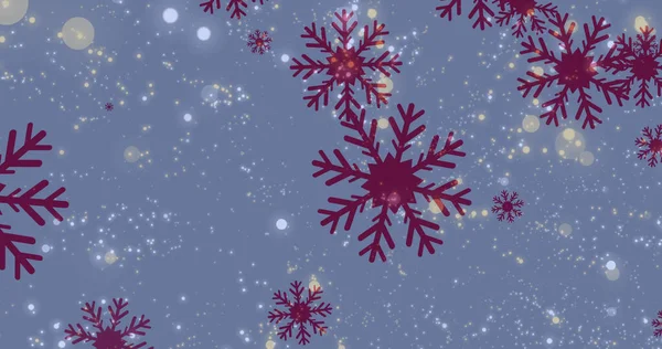 Imagem Manchas Luzes Sobre Flocos Neve Vermelhos Caindo Natal Tradição — Fotografia de Stock