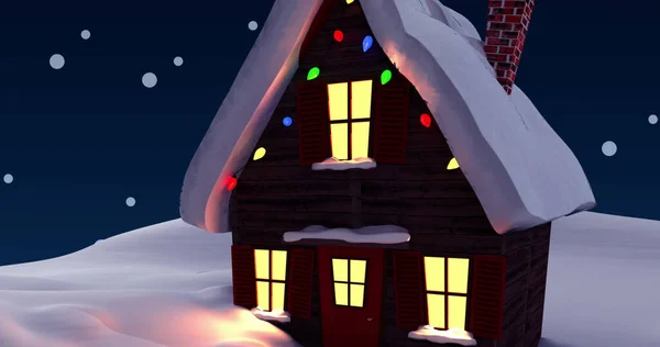 Bild Von Schnee Fällt Über Haus Mit Weihnachtsdekoration Weihnachten Winter — Stockfoto