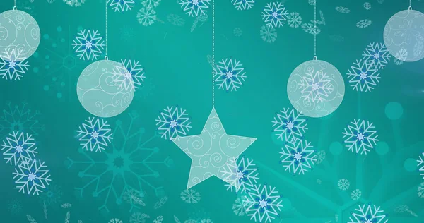 Obrázek Vánočních Míčků Přes Sněhové Vločky Modrém Pozadí Vánoční Tradiční — Stock fotografie
