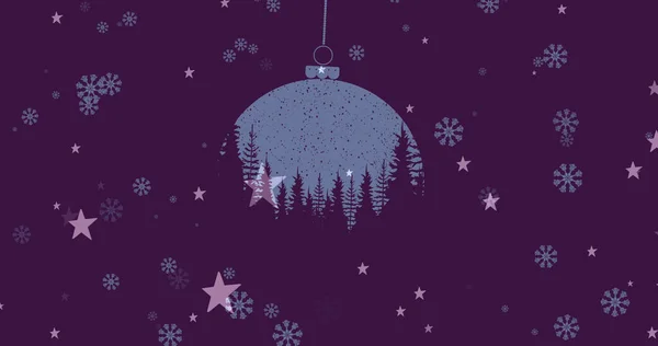 Aniamción Nieve Cayendo Sobre Abetos Adornos Navideños Navidad Tradición Concepto — Foto de Stock