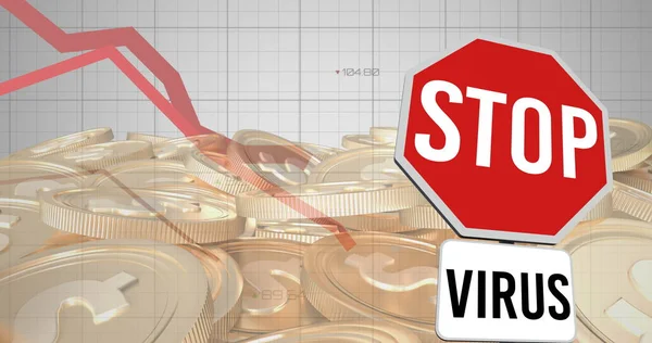 Imagen Señal Virus Stop Líneas Rojas Que Descienden Sobre Monedas — Foto de Stock