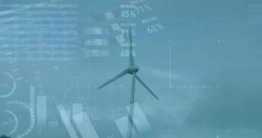 Kırsal bölgelerdeki rüzgar türbinleri üzerinde istatistik ve veri işleme animasyonları. çevre, sürdürülebilirlik, ekoloji, yenilenebilir enerji, küresel ısınma ve iklim değişikliği farkındalığı.