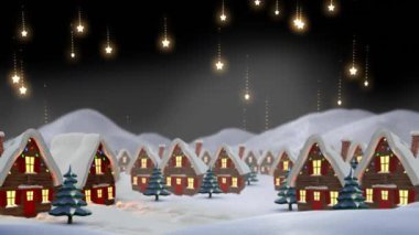 Siyah arka planda dekore edilmiş evler ve yıldızların olduğu kış manzarasının animasyonu. Noel, kış, gelenek ve kutlama konsepti dijital olarak oluşturulmuş video.