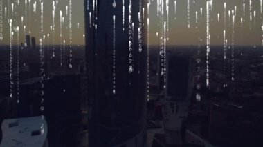 Şehir manzarası üzerinde veri işleme animasyonu. küresel bağlantılar, veri işleme ve dijital arayüz konsepti dijital olarak oluşturulmuş video.