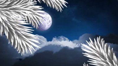 Noel Baba 'nın üzerinde beyaz noel ağacı dalları gece gökyüzüne karşı ren geyikleri tarafından çekiliyor. Noel şenliği ve kutlama konsepti