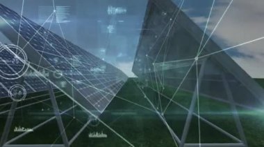 Güneş panelleri üzerinden bağlantı ağının animasyonu. küresel çevre, yeşil enerji ve dijital arayüz konsepti dijital olarak oluşturulmuş video.