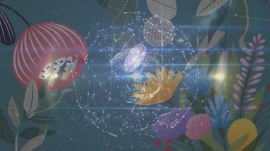 Çiçeklerin üzerindeki bağlantı ağıyla birlikte dünyanın animasyonu. küresel bağlantılar, doğa, dijital arayüz ve dijital olarak oluşturulan veri işleme konsepti