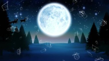 Ay 'a ve gece gökyüzünde parlayan yıldızlara karşı kış manzarası üzerindeki Noel simgeleri. Noel şenliği ve kutlama konsepti