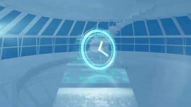 Arka plandaki ekranlarda hareket eden saatin ve çeşitli veri işlemesinin animasyonu. zaman, dijital arayüz ve teknoloji konsepti dijital olarak oluşturulmuş video.