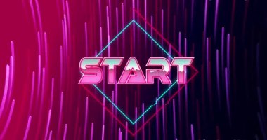 Hareket eden pembe ve mor ışık yollarının üzerindeki metnin canlandırması. Video oyunu, eğlence ve dijital arayüz kavramı dijital olarak oluşturuldu.