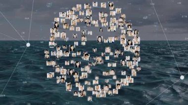 Deniz manzarası üzerindeki bağlantı ağının animasyonu. küresel bağlantılar, veri işleme ve dijital arayüz konsepti dijital olarak oluşturulmuş video.
