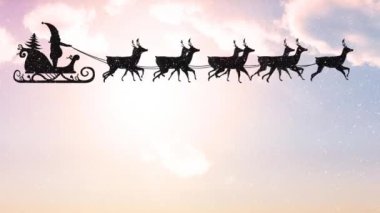 Kar ve gökyüzü üzerindeki ren geyikleriyle Noel Baba 'nın kızak içindeki animasyonu. Noel, gelenek ve kutlama konsepti dijital olarak oluşturuldu.