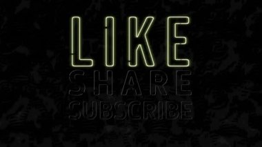 Neonun dijital animasyonu, paylaşım gibi, siyah arkaplana karşı metin afişi. Sosyal medya ağı ve teknoloji kavramı